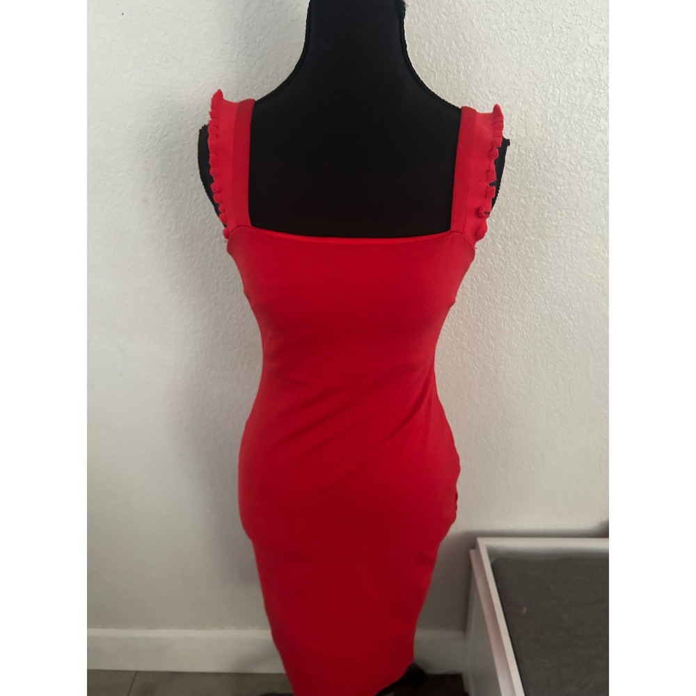 Lulus Red Ruffle Strap Square Neck Bodycon Midi Dress Small Made in USA